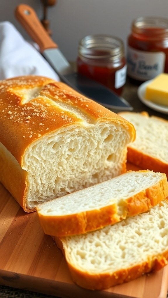 No-Knead Soft Sandwich Bread Recipe A loaf of soft sandwich bread sliced on a cutting board, with a golden crust and fluffy texture.